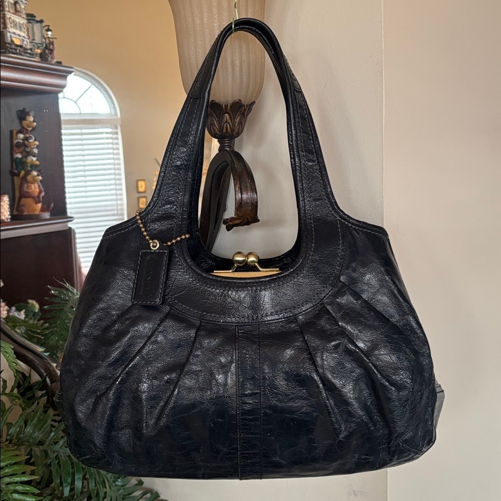Coach Ergo Black Pantent Leather Pleated Frame Kisslock Satchel Shoulder Bag Y2K - Picture 16 of 16